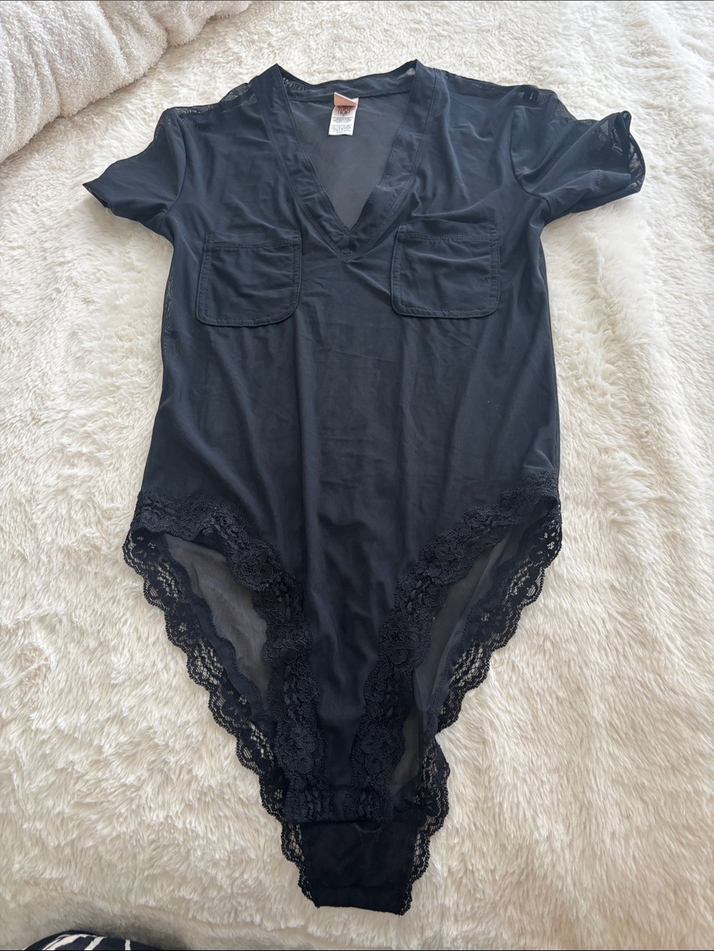 Black Lace-Trim V-Neck Bodysuit